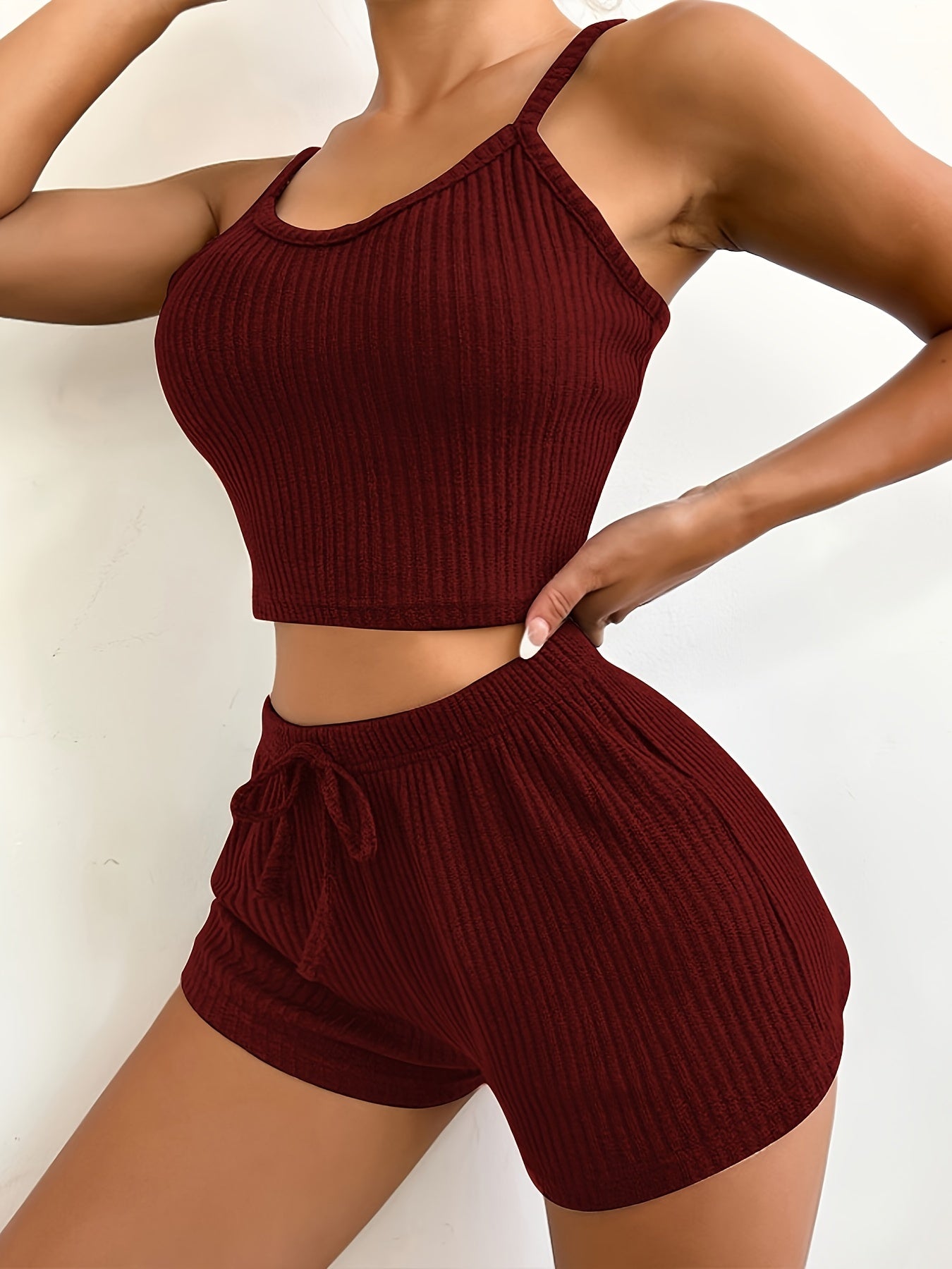 Solid Ribbed Slim Fit Lounge Set, Casual Round Neck Crop Cami Top & Drawstring Shorts, Women's Loungewear