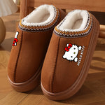 Sanrio Hello Kitty Plush Lined Slippers for Women - Cozy Thermal Winter Home Shoes with Thick Non-Slip EVA Sole, Brown Cover Upper with Decorative Stitching, Hand Wash or Dry Clean, House Slippers