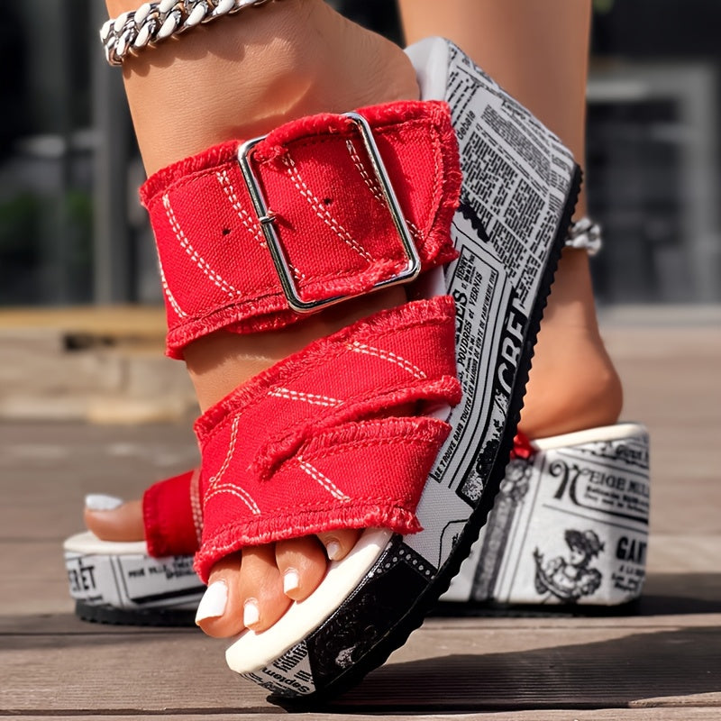 Newspaper Buckle Denim Wedge Slippers - Without Anklet