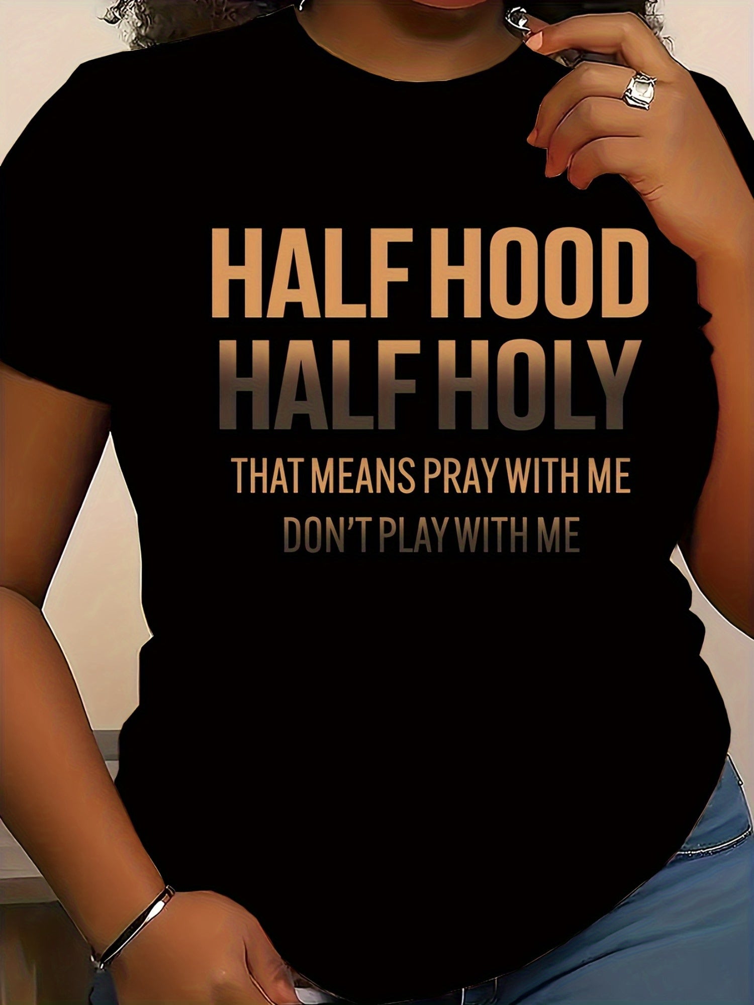 Women's Half Hood Half Holy Graphic T-Shirt - Bold Playful Lettering Black Tee, Short Sleeve Crew Neck Casual Top, Machine Washable for Spring Summer Casual Attire, Spring Summer Top | Edgy Casual Style | Easy Care Top, Ladie