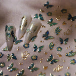 1 Sheet 5D Embossed Green & Golden Butterfly Nail Art Stickers - Self-Adhesive Floral Nail Decals with Glitter Accents, Spring Summer DIY Manicure Supplies for Women Girls, Beauty Enhancements | Spring Summer Theme | Intricat