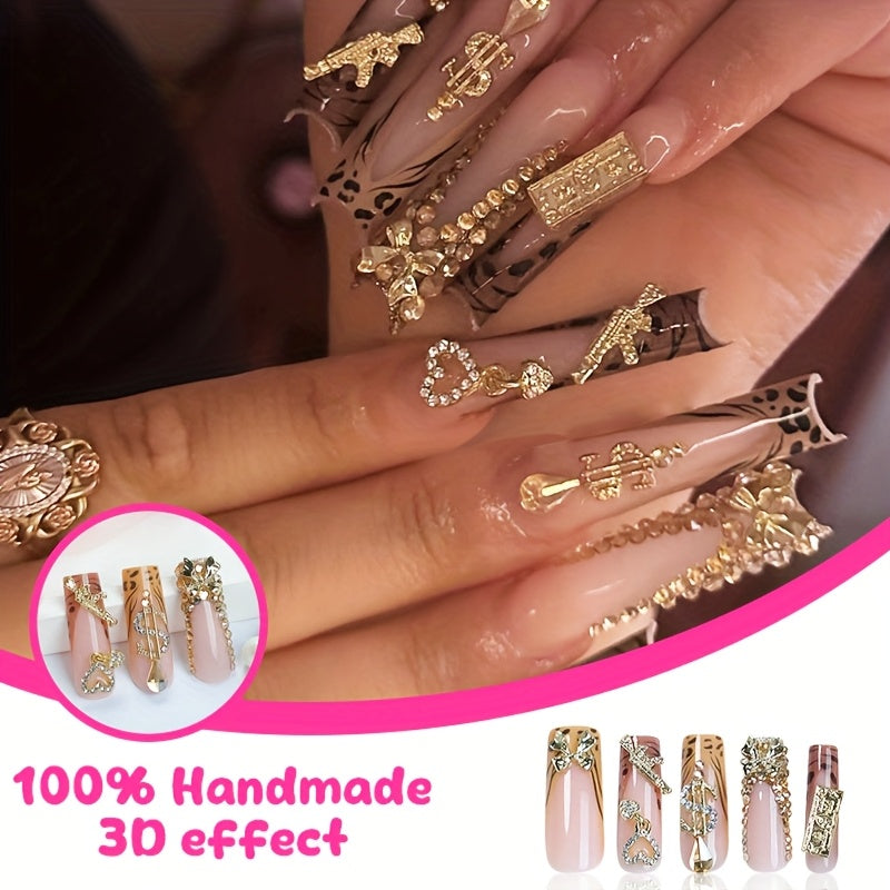 24pcs Luxury French Tip Press-On Nails Set, Leopard Print with 3D Golden Accents, Rhinestone Hearts & Dollar Symbols, Glossy Finish, Long Square False Nails for Women and Girls