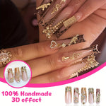 24pcs Luxury French Tip Press-On Nails Set, Leopard Print with 3D Golden Accents, Rhinestone Hearts & Dollar Symbols, Glossy Finish, Long Square False Nails for Women and Girls