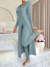 Short Sleeve V Neck Solid Color Ribbed Pants Set, Elastic Waist Slim Outfits with Long Length Top, Casual Women's Clothing