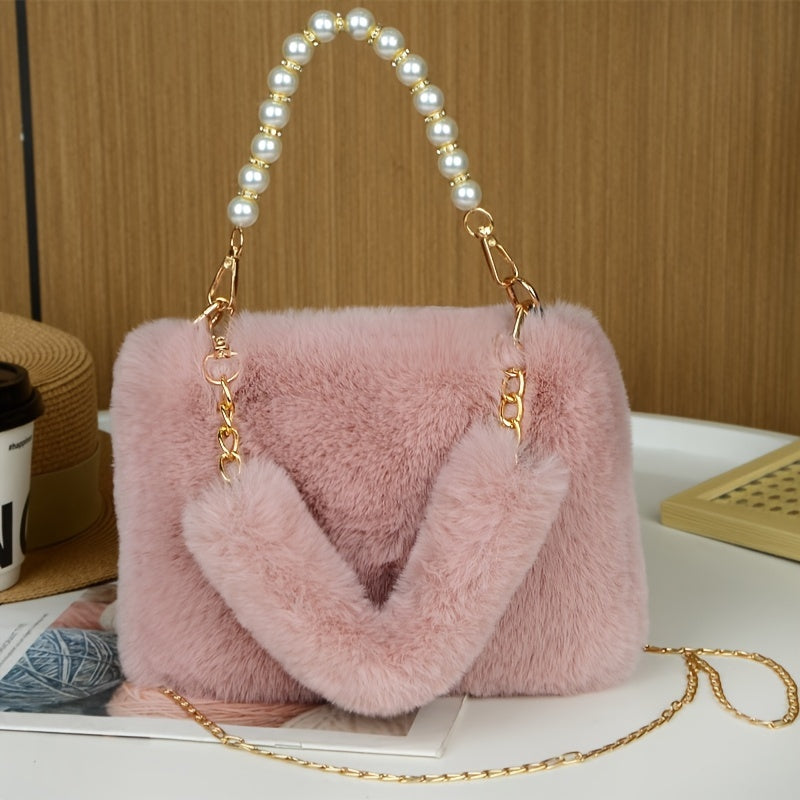 Faux Fur Shoulder Bag with Chain Strap, Synthetic Solid Color Handbag, Zipper Closure, Unlined, Non-Washable - Fashionable Mini Square Purse for Women