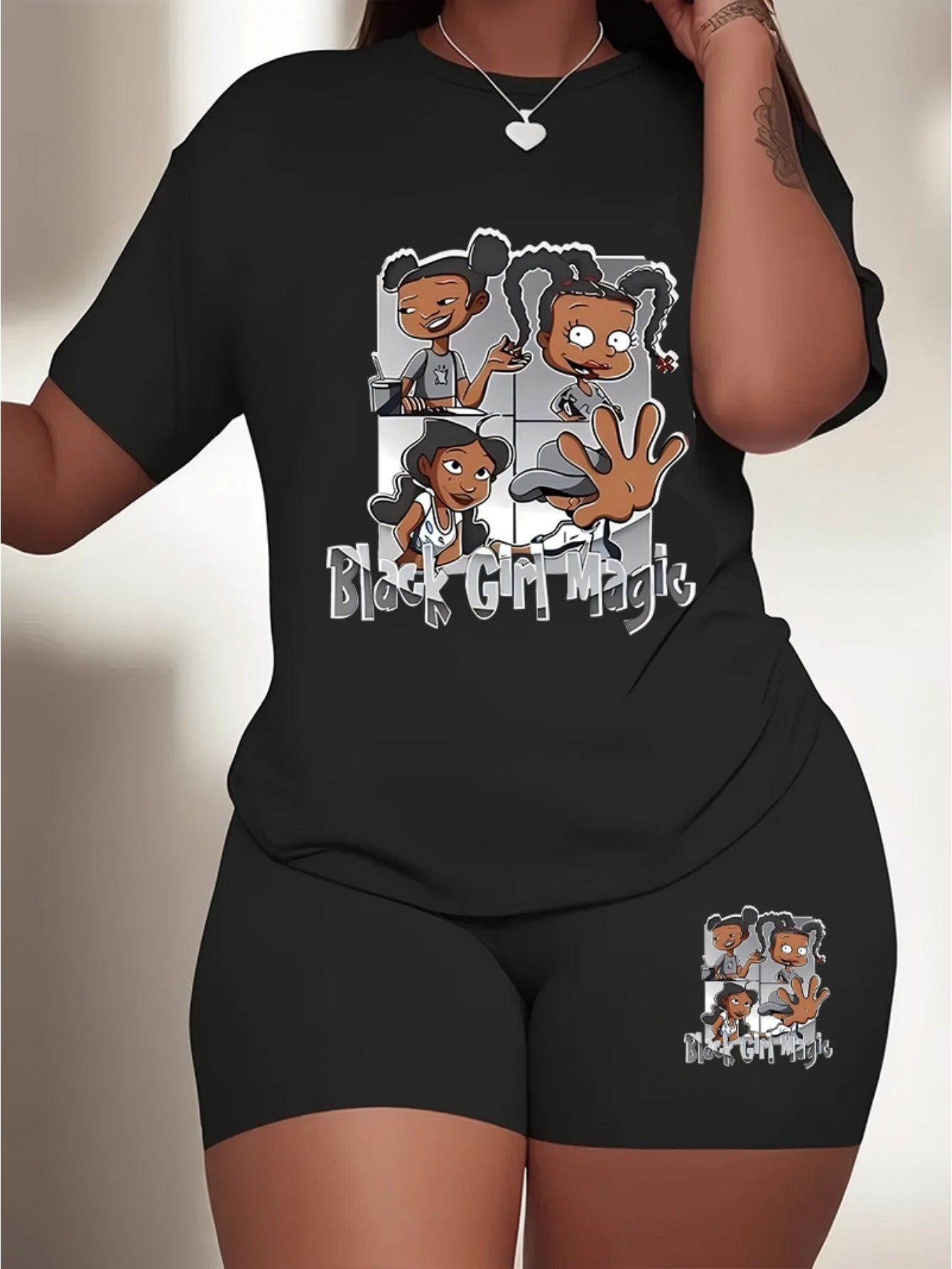 Women's casual cartoon print, polyester knit T-shirt and shorts leggings set, crewneck short sleeves, regular fit, all seasons
