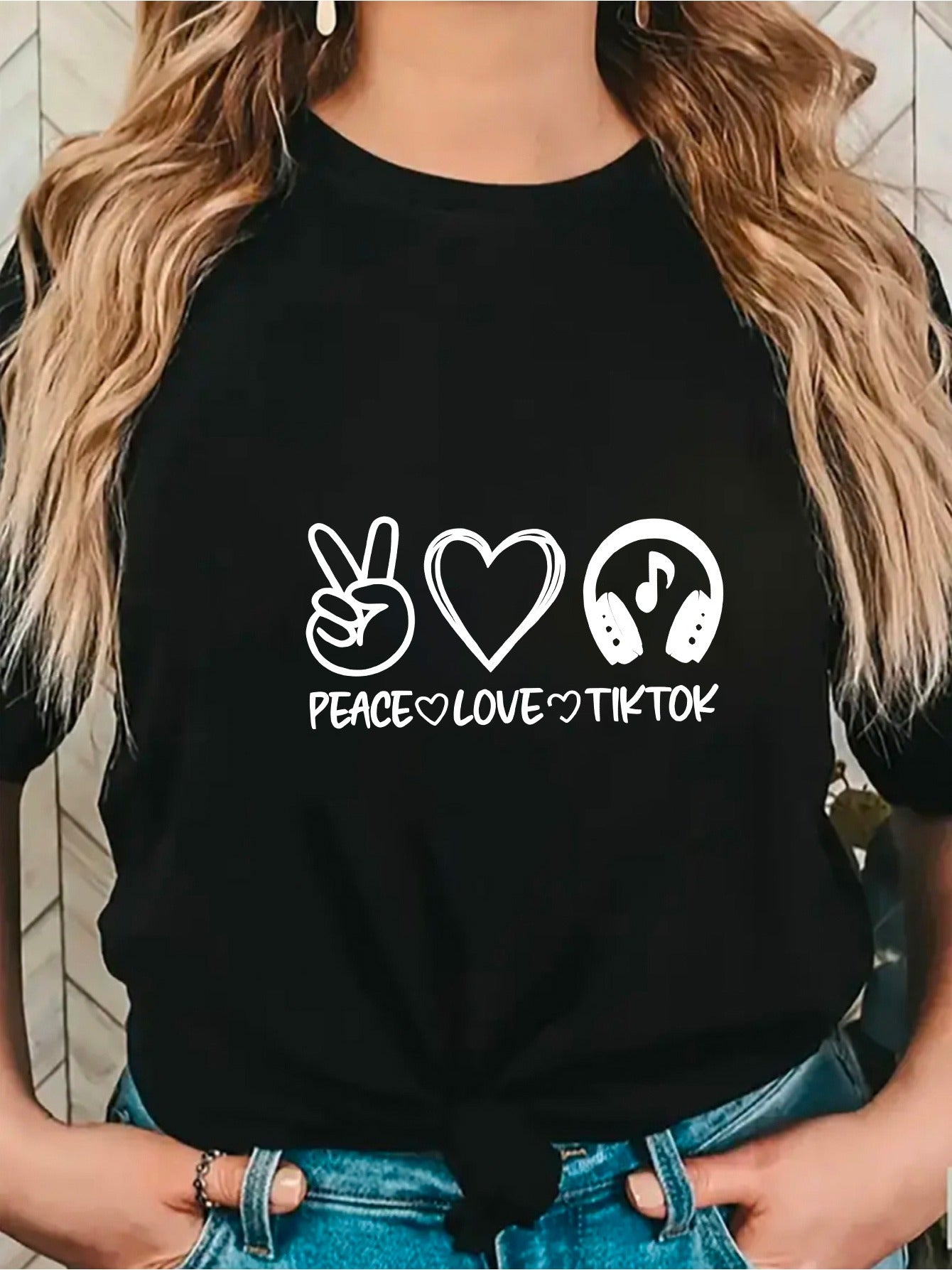 Women'S Casual "Peace Love TikTok" Graphic Tee - Soft, Breathable, Short Sleeve, Round Neck, Y2K Style, Easy Care & Quick Dry - Ideal for Spring & Summer, Everyday Fashion Top, Casual Wear Tee | Playful Print Top | Comfortabl