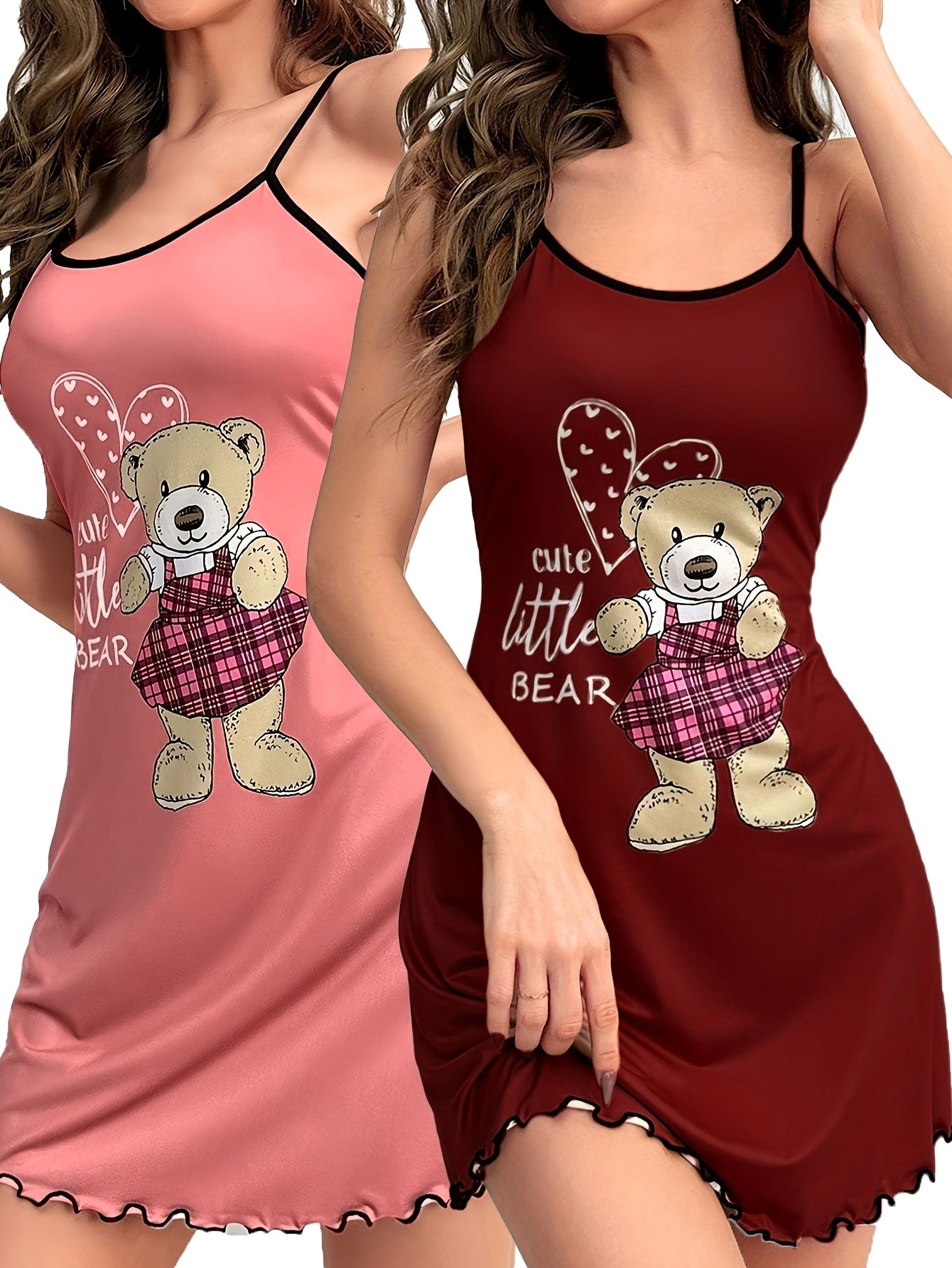 Two Pieces of Bear Print Pajamas, a Round-Neck Ruffled Edge Backless Camisole Dress, Women'S Sleepwear.