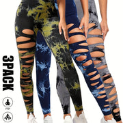 [3 Pack High Waist Yoga Leggings] 3 Pack Women's Tie Dye Cutout Tights High Waist Workout Yoga Leggings, Scrunch Butt Lifting Elastic Pants, Womens High Waist Yoga Pants Cutout Ripped Tummy Control Workout Running Yoga Skinny