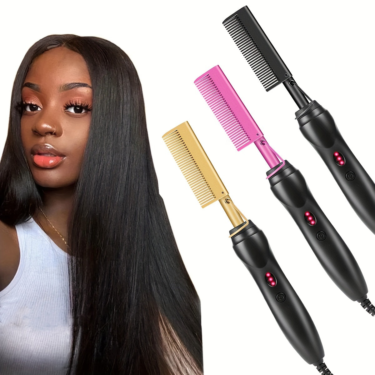 Portable Ceramic Hot Comb Hair Straightener & Curler – Copper Heat Press Styling Tool for Wet and Dry Hair, Beard, and Wigs – 110V, US Plug, Ergonomic Design with Comfort Grip