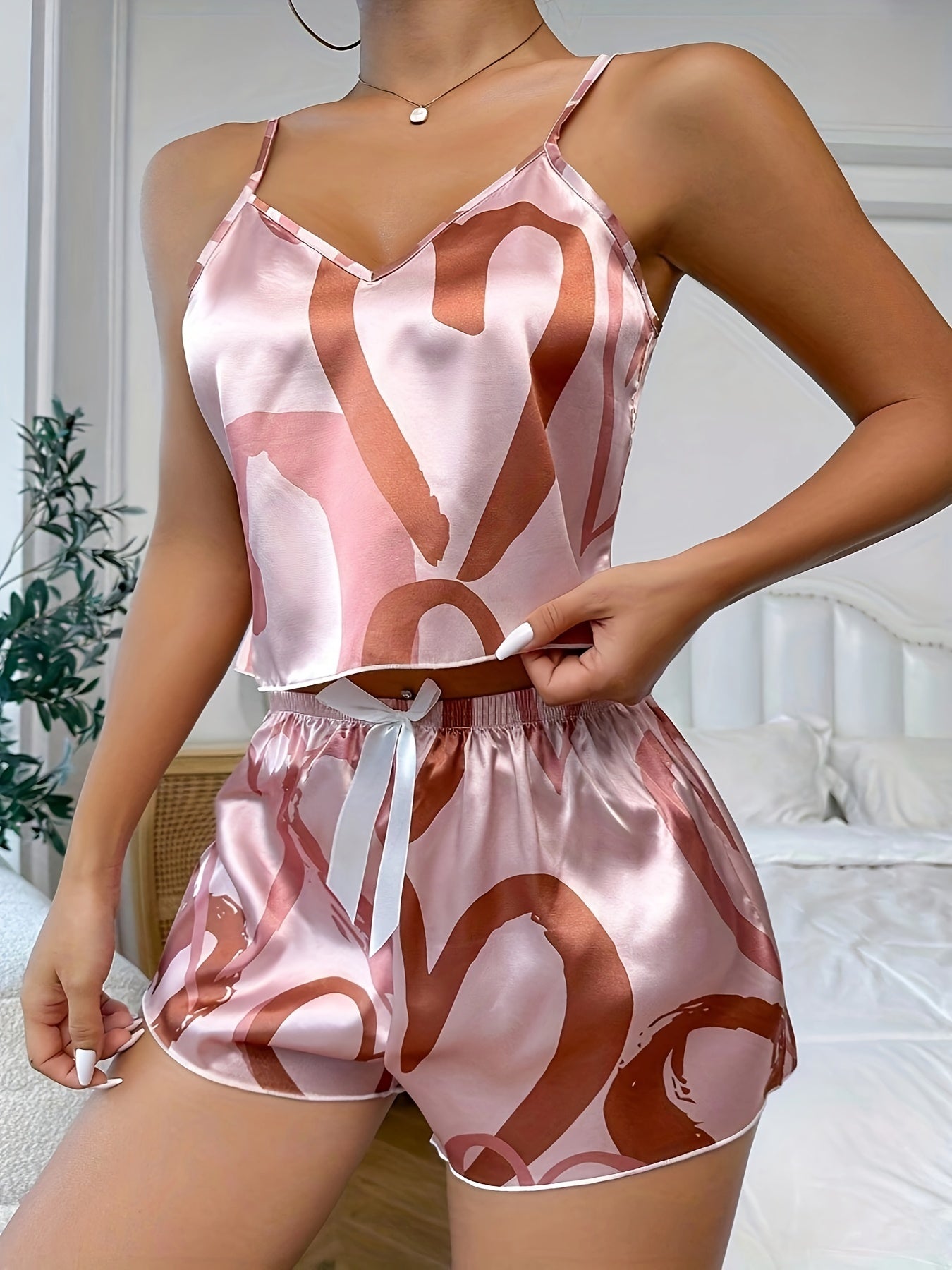 Women's Heart Print Sexy Satin Pajama Set, V Neck Backless Crop Cami Top & Shorts, Comfortable Relaxed Fit