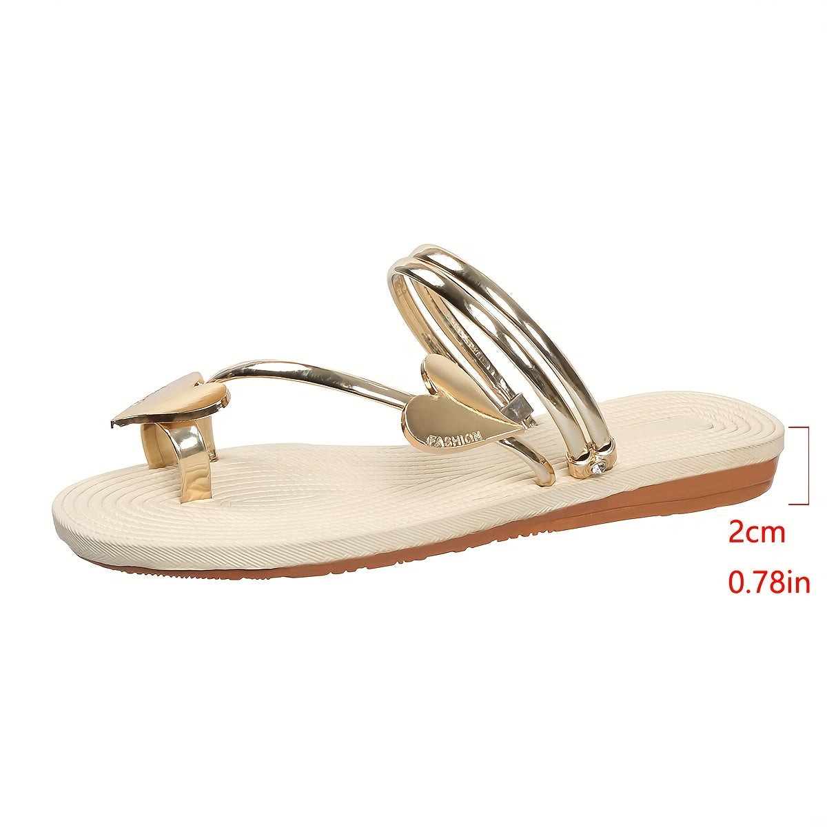 Elegant Women's Summer Slide Sandals with Heart-Shaped Metallic Toe Loop - Chic Beige Flat Sandals, Easy Slip-On, Faux Cover Upper & Rubber Sole, Perfect for Casual Wear, Strappy Sandals