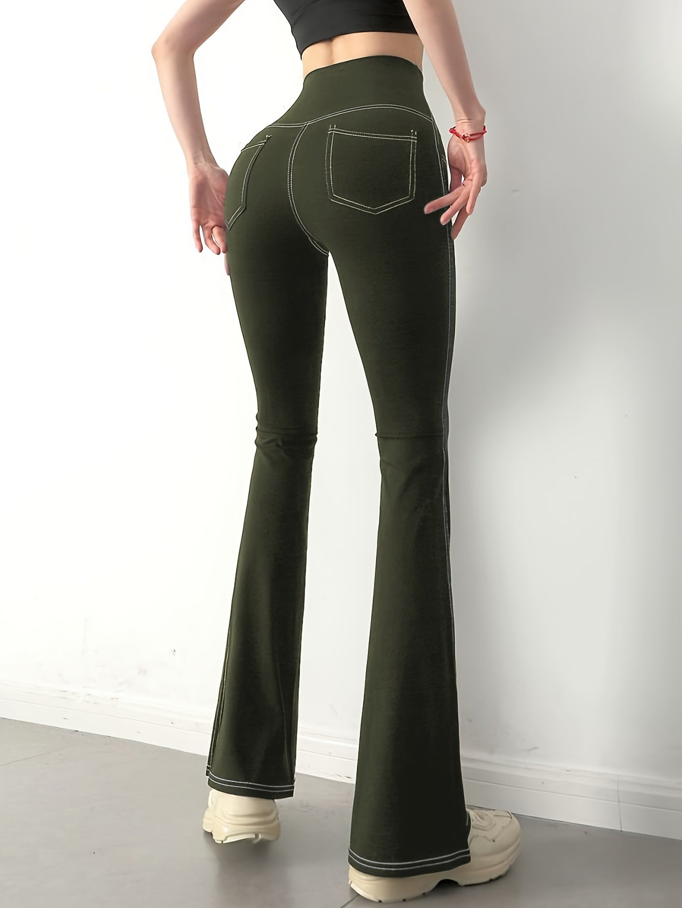 Solid Color Imitation Denim Yoga Pants With Pockets, Sports Fitness Yoga Running Flared Leggings, Women's Clothing Wide Waistband