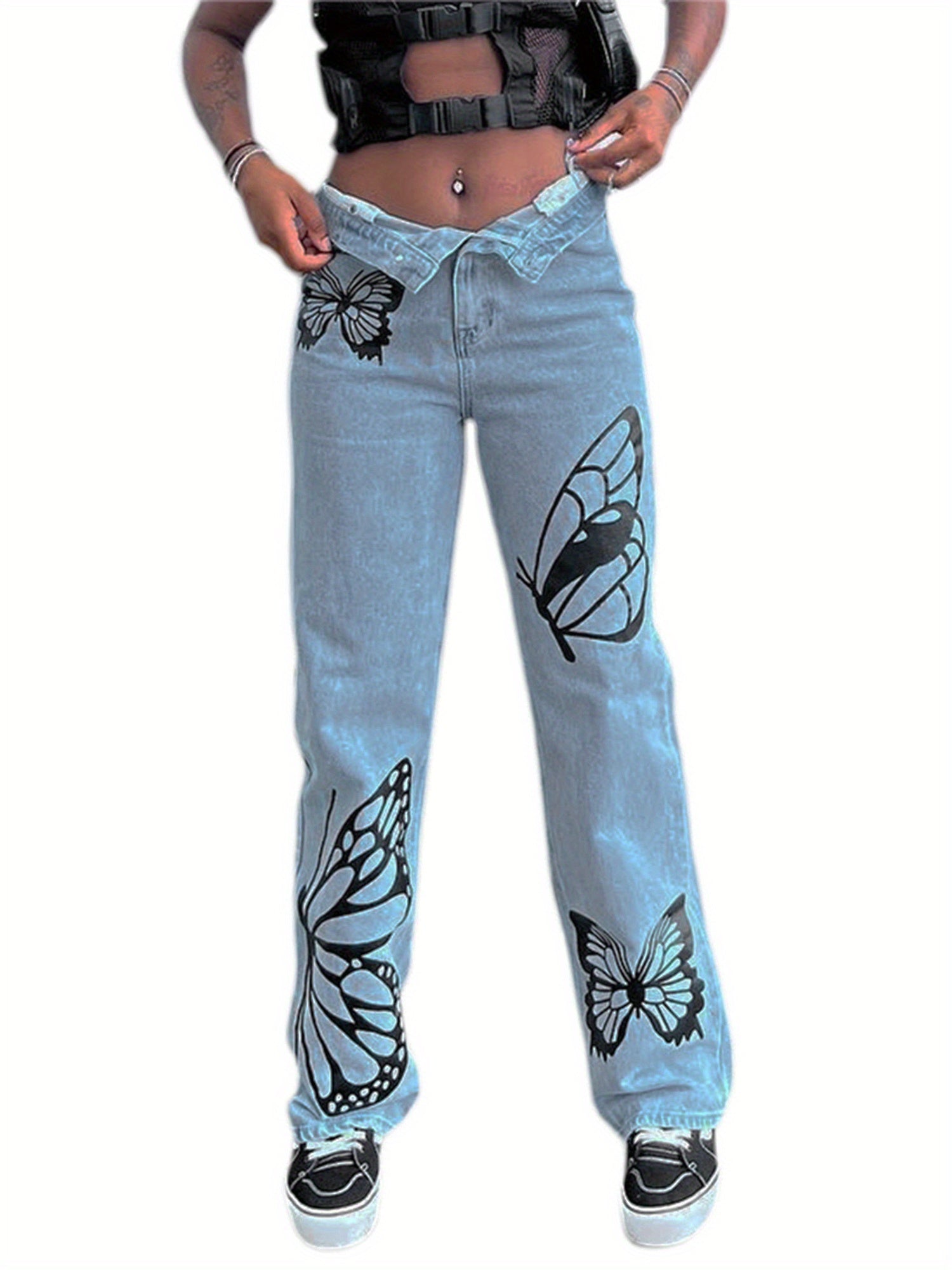 Womens Straight Leg Boyfriend Jeans, High Waist Butterfly Print Loose Denim Pants