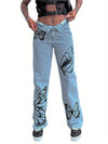 Womens Straight Leg Boyfriend Jeans, High Waist Butterfly Print Loose Denim Pants