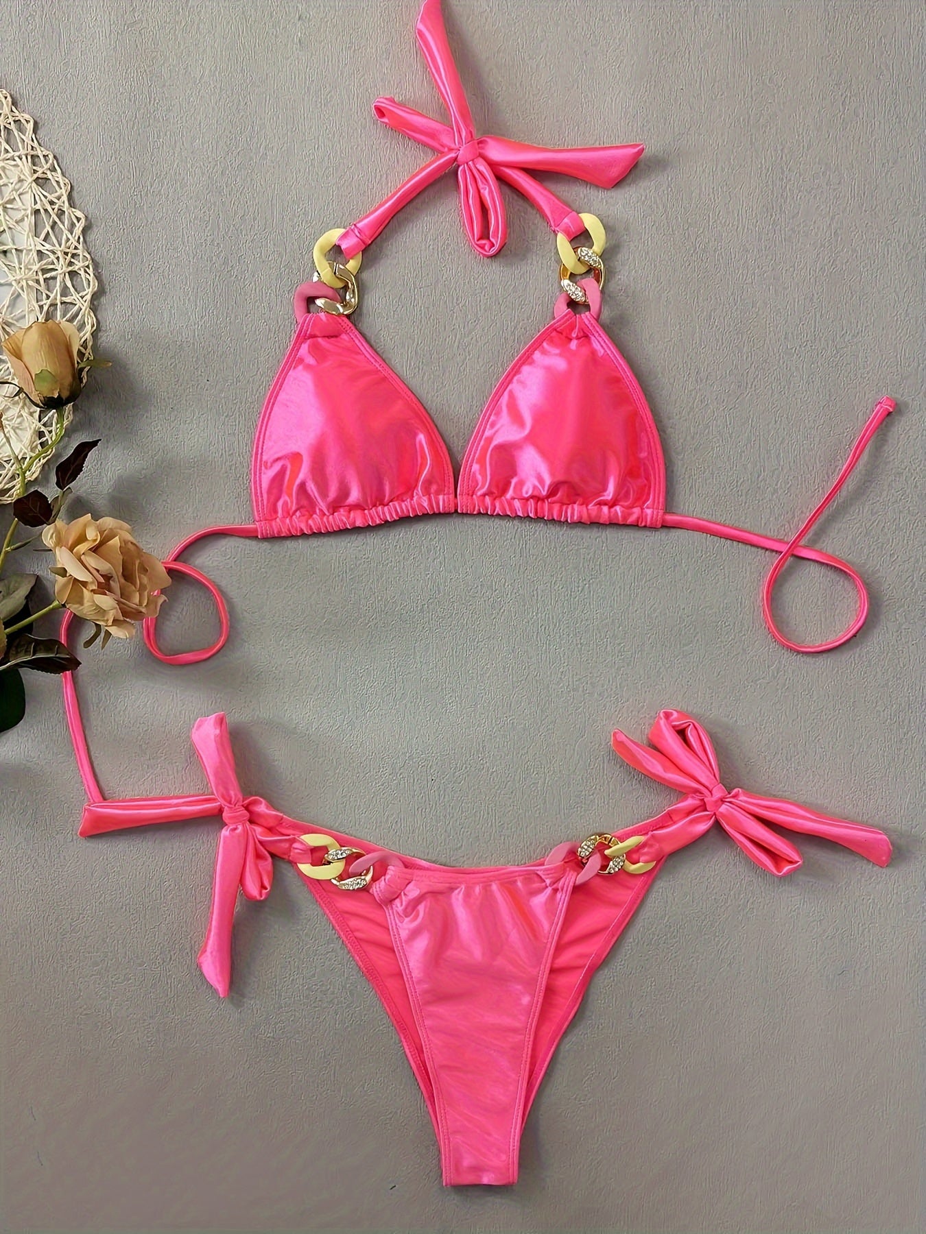 Shiny Tie Side 2 piece Set Bikini, V Neck Swimsuits, Women's Swimwear & Clothing