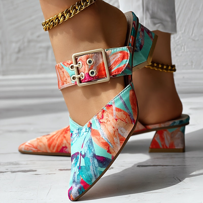 Chic Guangdong-Inspired Women's Sandals with Unique Print, Slip-On Pointed Toe Mid-Heel Shoes - Faux Cover & PVC Sole