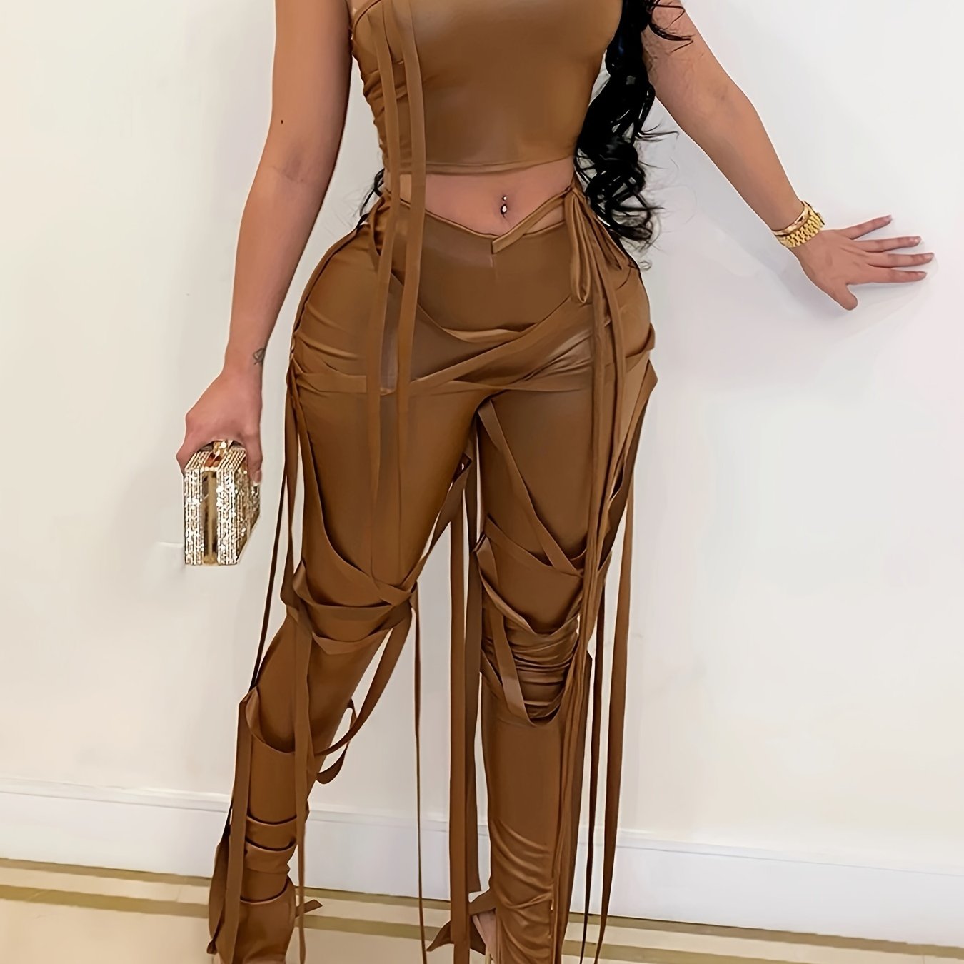 Chic Solid Two-piece Outfit Set - Trendy Asymmetrical Sleeveless Top & Slim-Fit Pants - Flattering Womens Wardrobe Essential
