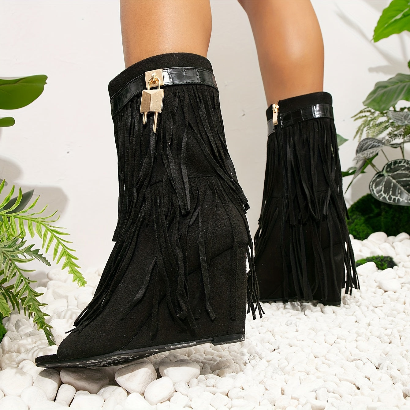 Women's Tassel Decor Wedge Heeled Boots, Fashion Peep Toe Side Zipper Boots, Stylish Western Booties