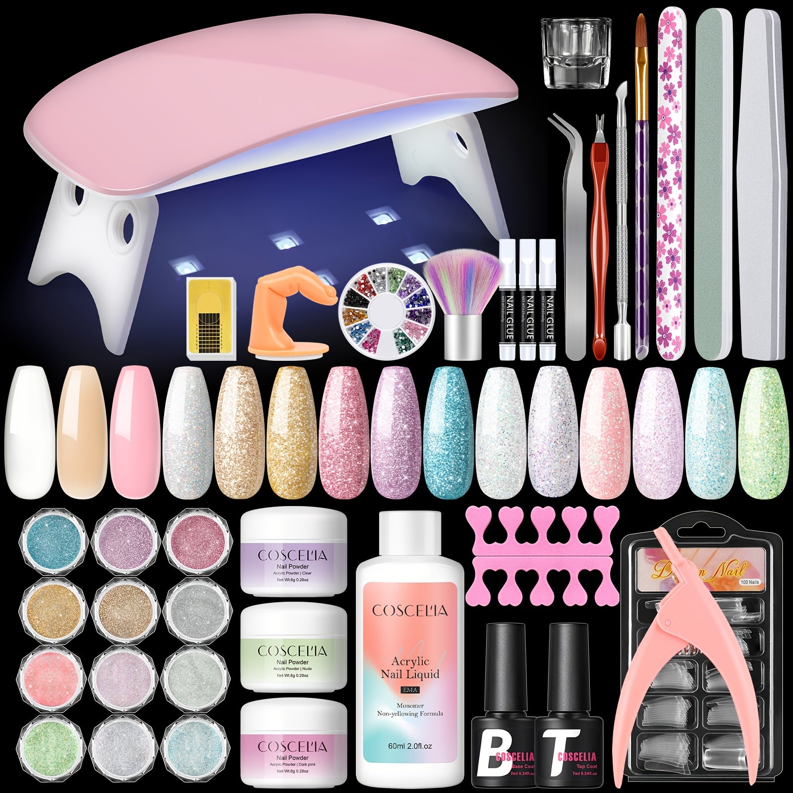 Acrylic Nail Powder Kit with Nail Lamp & Drill – 37PCS Acrylic Nail Set for Beginners & Professionals – White, Pink, Clear Powders + Tools & Decorations