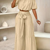 Elegant Off-Shoulder Women's Casual Wide-Leg Pants Set - Polyester, Non-Stretch, Semi-Sheer with Bow Detail
