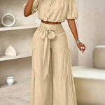 Elegant Off-Shoulder Women's Casual Wide-Leg Pants Set - Polyester, Non-Stretch, Semi-Sheer with Bow Detail