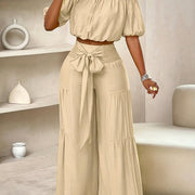 Elegant Off-Shoulder Women's Casual Wide-Leg Pants Set - Polyester, Non-Stretch, Semi-Sheer with Bow Detail