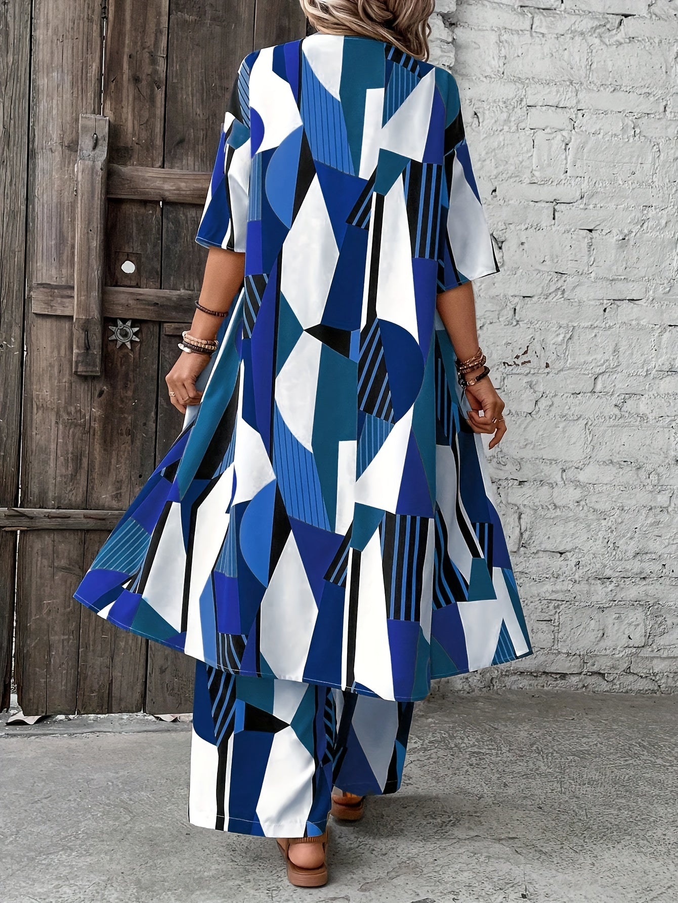 Vacation Style Geo Print Pantsuits Set, Long Length Short Sleeve Shirt & Wide Leg Pants Outfits, Women's Clothing