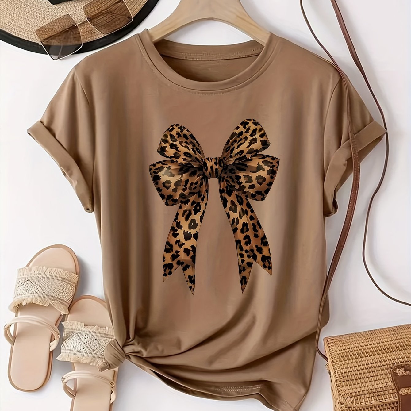 Women's Casual Leopard Print Bowknot T-Shirt - Short Sleeve, Round Neck, Soft & Comfortable Fabric, Perfect for Spring/Summer Fashion, Green Graphic Tee with Stylish Bow Design, Casual Wear | Playful Graphic Tee | Stylish Gra
