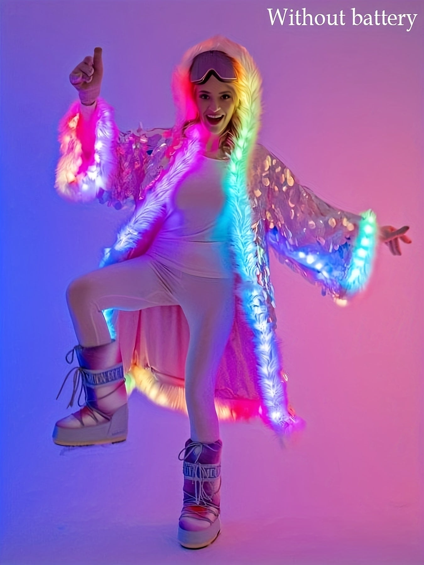 Women's LED Sequin Faux Fur Coat - Long Hooded Festival & Cosplay Outfit, USB-Powered, Flare Sleeves, Mermaid Tail Design, Vibrant Pink to Blue Gradient (Batteries Not Included), Cosplay Costume | Sequin Embellished | LED Lit