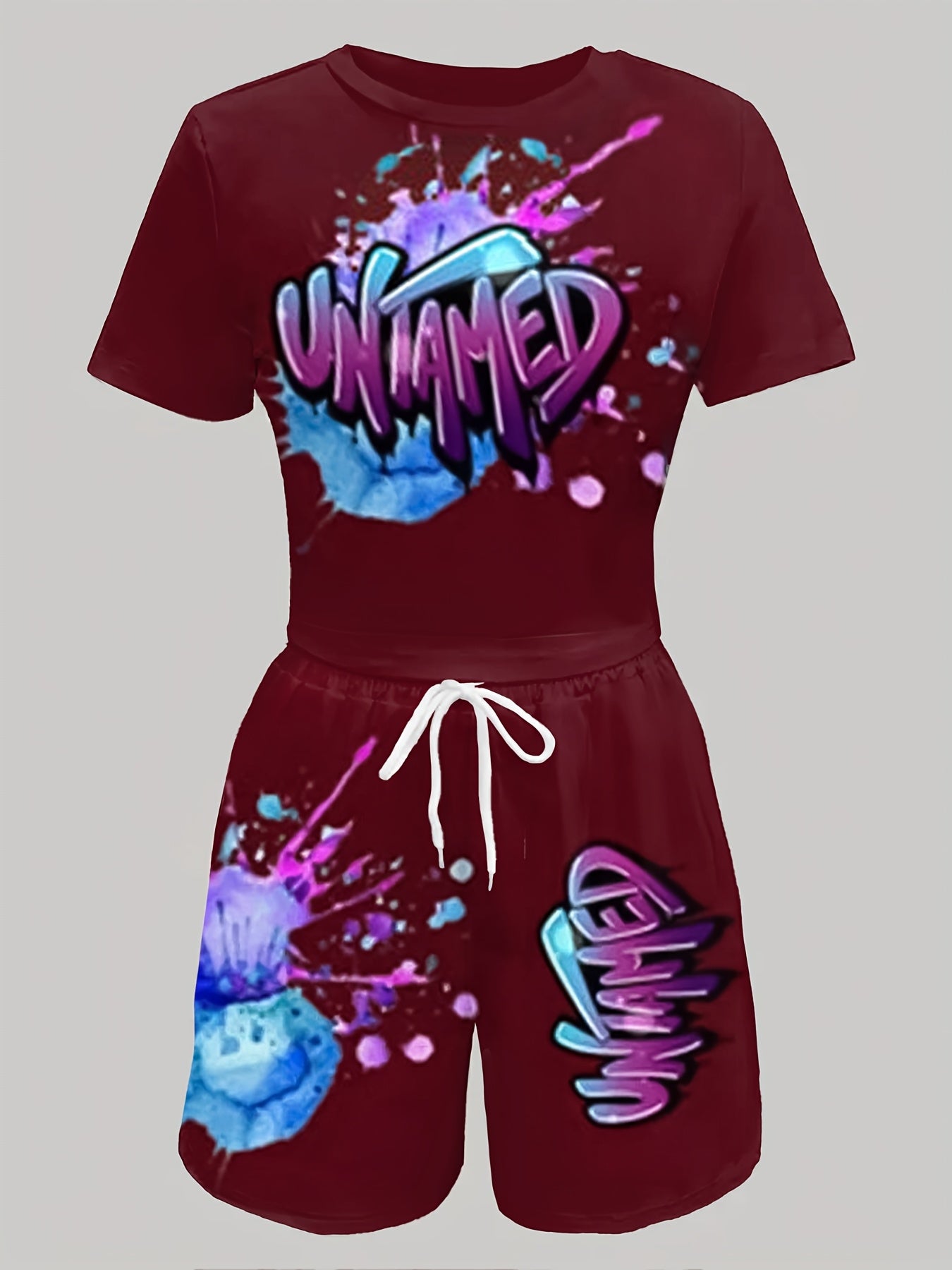 High-End Bamboo Print Short-Sleeve Top And Waist Pants Two-Piece Set for Women