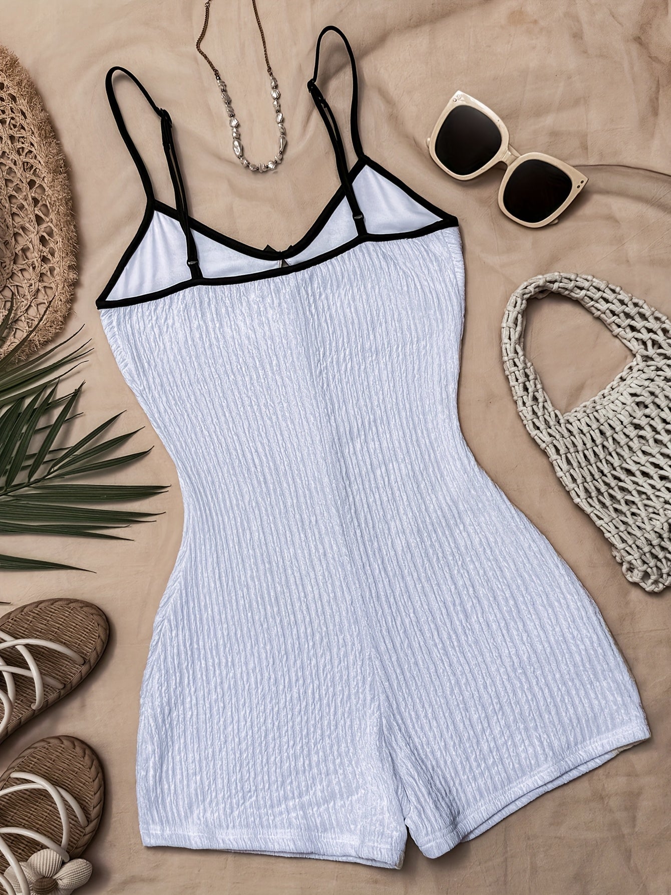 Women'S White Knit Textured Halter Jumpsuit with Bow Detail - Stylish Vacation Swimsuit, Perfect for Beach or Pool Parties, Polyester Blend, Party Attire|Vacation Style|Polyester Spandex Blend