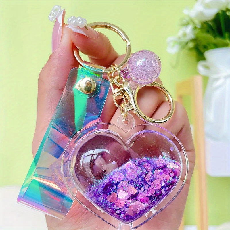 Acrylic Heart-Shaped Keychain with Quicksand Glitter, Trendy Fashion Bag Accessory, Exquisite Cute Keyring with Love Theme