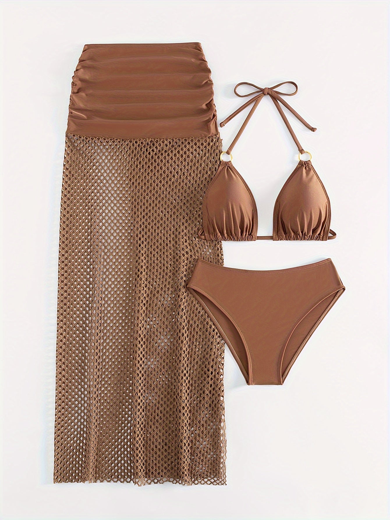 Chic Women's 3pcs Summer Beach Set: Sexy Halter Neck Bikini with High-Waisted Bottoms & Sheer Mesh Cover-Up Skirt - Stretchy Polyester/Spandex Blend, Machine Washable