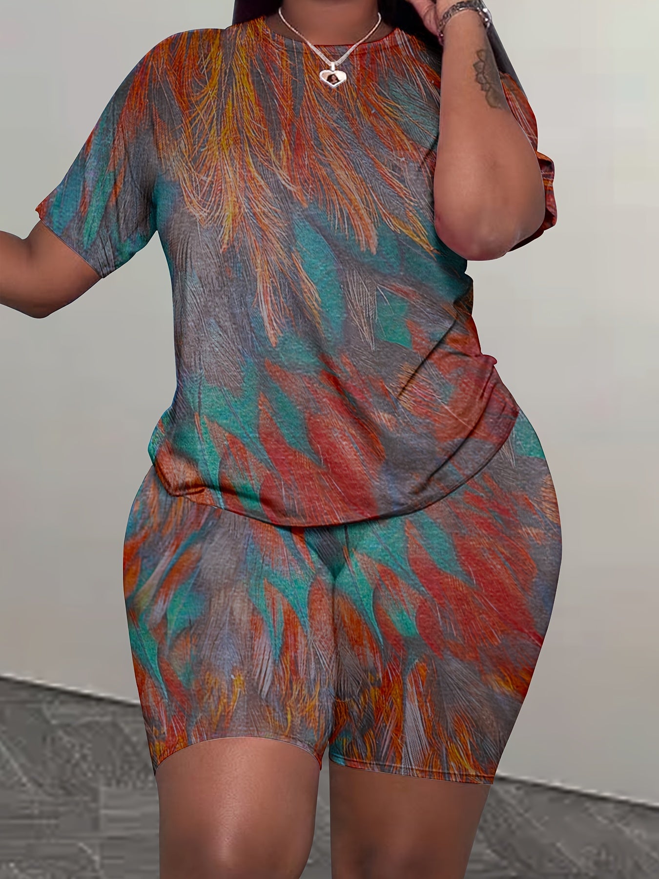 Women's Tie-dye Print Casual Top T-shirt and Tight Shorts Set Two-piece