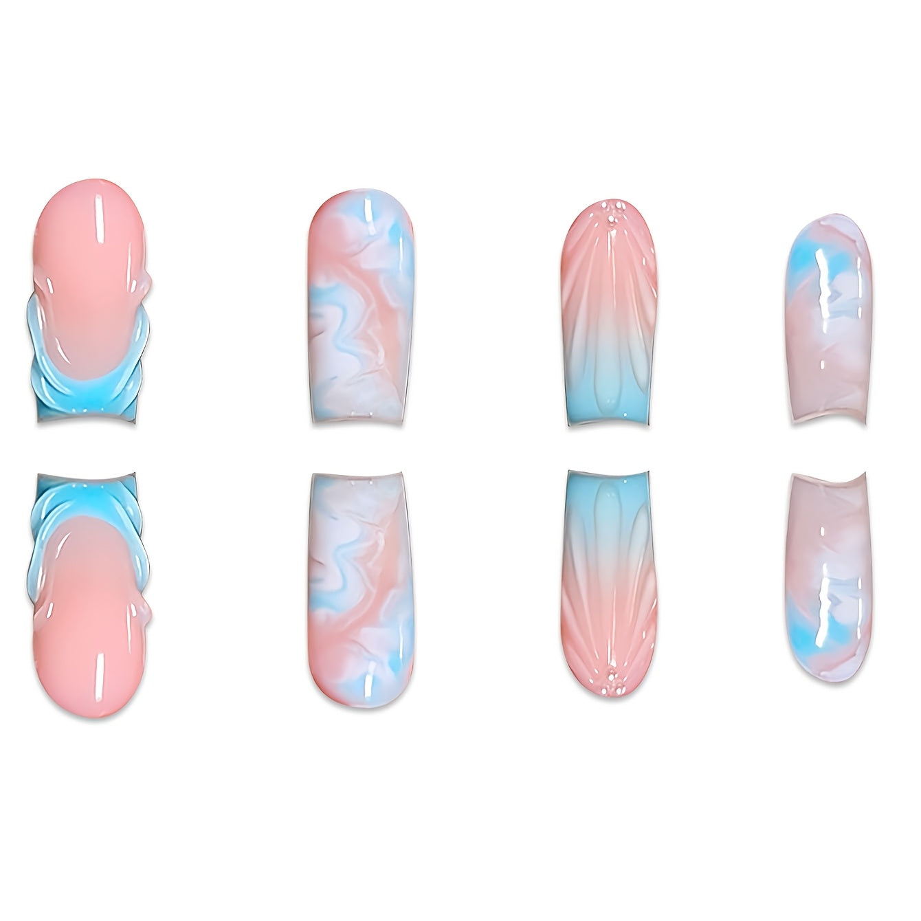 A Set of 24 Full-Cover Press-On Fake Nails Featuring Blue Wave Designs, Sparkling Diamonds, And Cloud Patterns in a Blue French Style, Along with Three-Dimensional Gel Stripes. These Medium Square-Shaped Fashionable Press-On