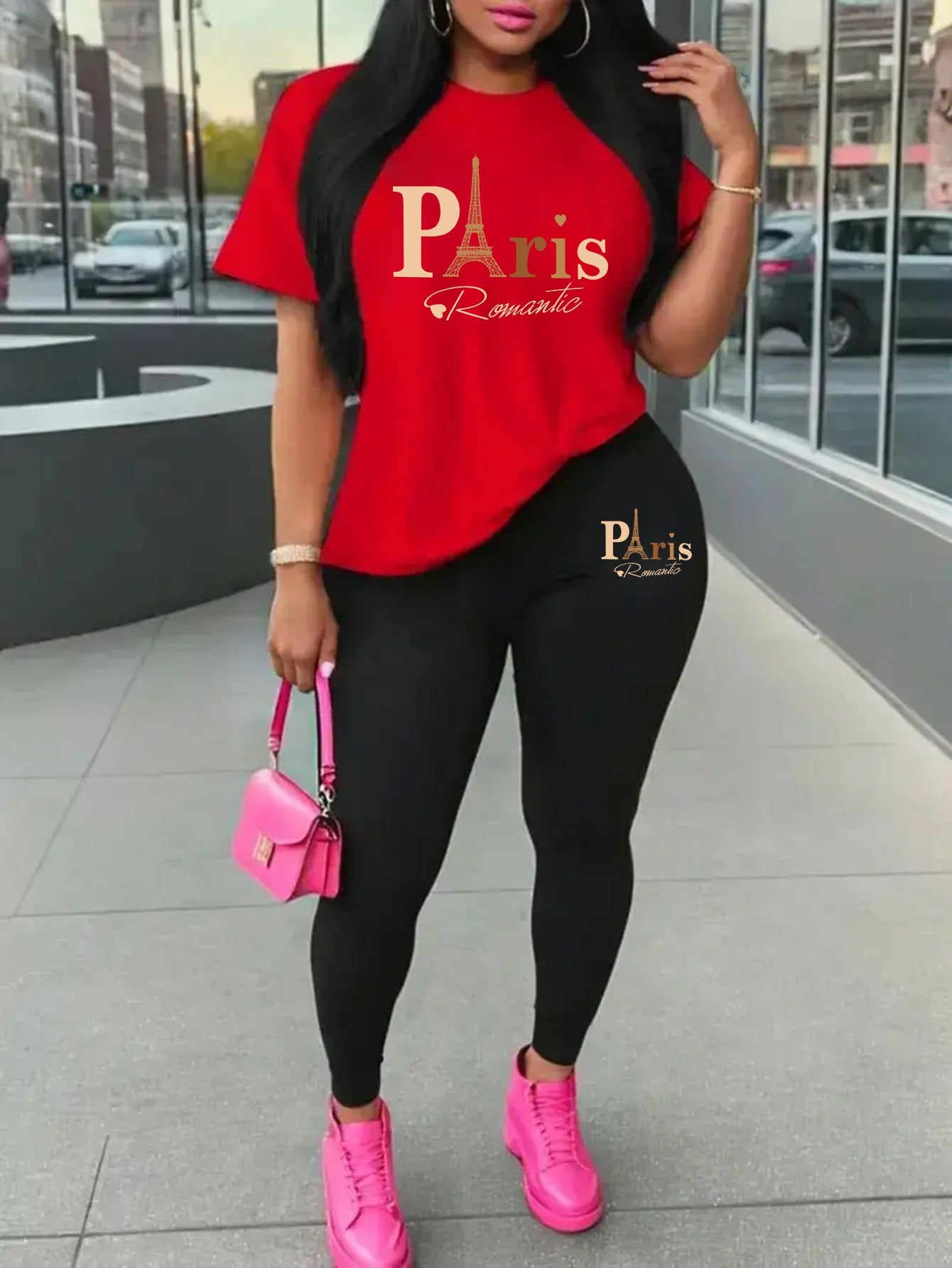 Eiffel Tower Paris-Inspired Women's Casual Outfit - Comfy Short Sleeve Tee & Stylish Pants Set, Machine Washable