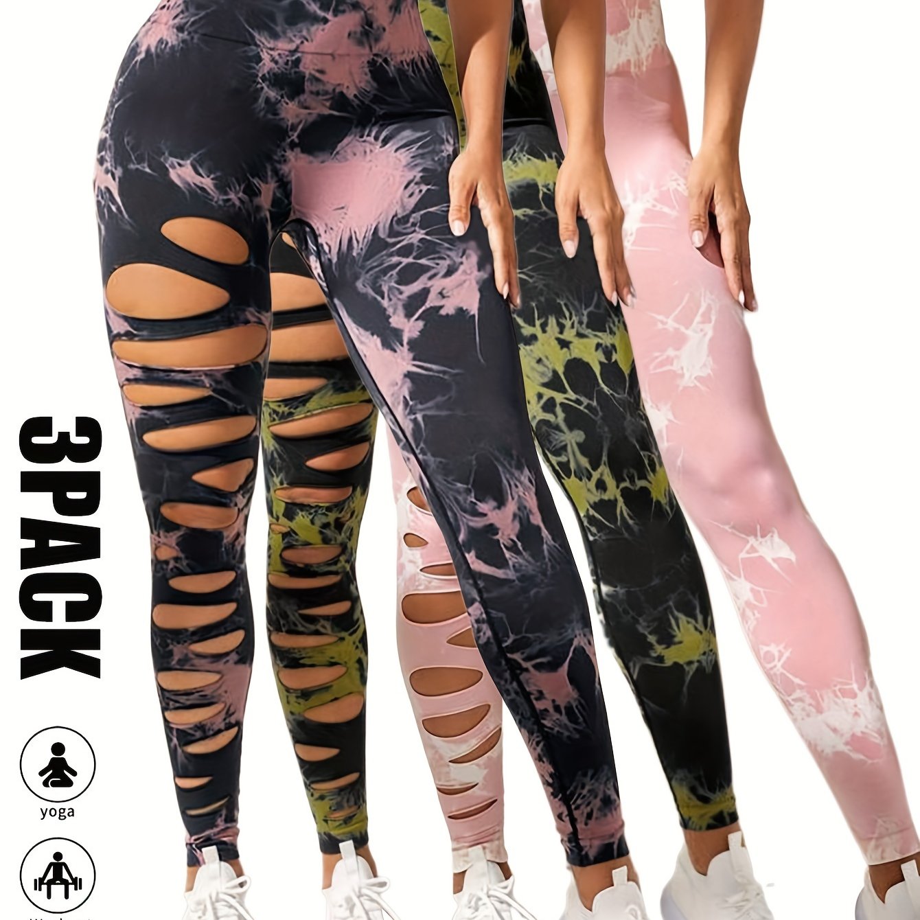 [3 Pack High Waist Yoga Leggings] 3 Pack Women's Tie Dye Cutout Tights High Waist Workout Yoga Leggings, Scrunch Butt Lifting Elastic Pants, Womens High Waist Yoga Pants Cutout Ripped Tummy Control Workout Running Yoga Skinny
