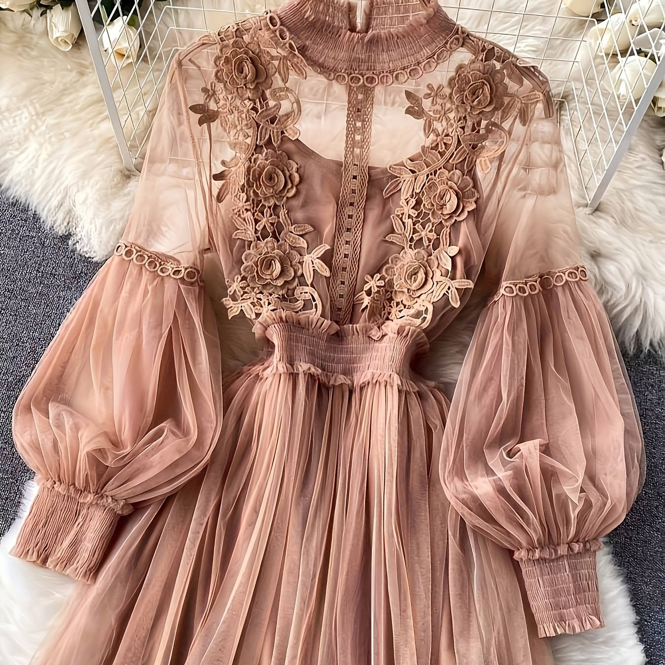 Plus Size Dresses Women'S Fashion Three-dimensional Flower Collage Sheer Mesh Balloon Sleeve Slim Long Dress Light Luxury Design Sense Women'S Chiffon Lace Shirt Suspender Base Shirt, Luxury Gift For Women