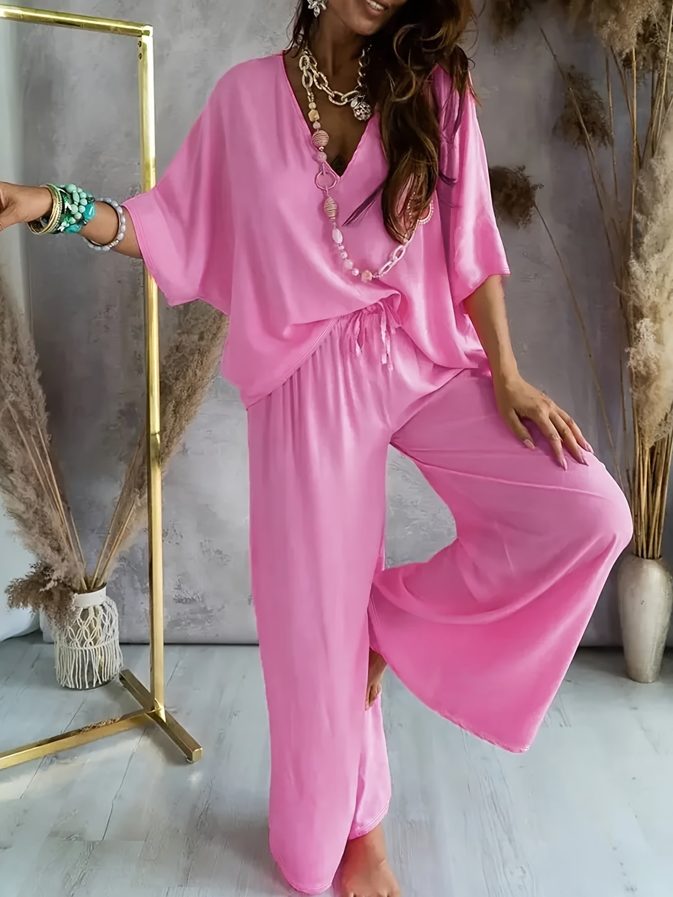 Women's Casual Solid Color Pants Set – Half Sleeve V-Neck Top & Wide Leg Pants, Lightweight Knit Outfit for Spring & Summer