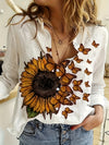 Women's Casual Long Sleeve Collared Shirt with Sunflower Print - Polyester, Machine Washable