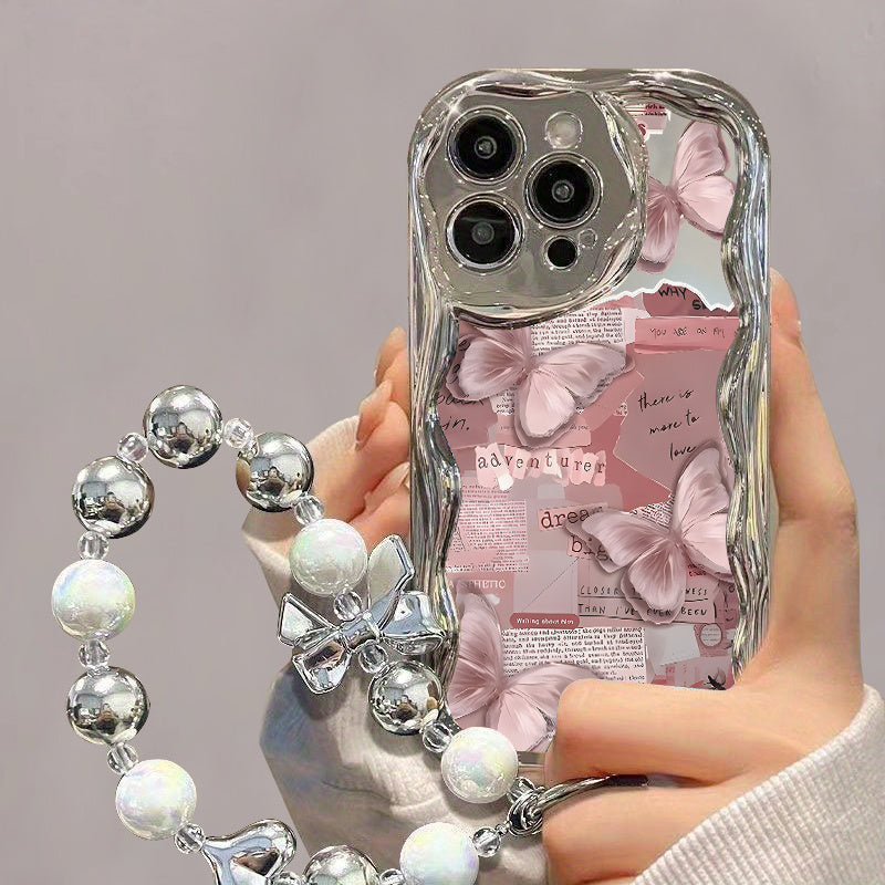 Pink Butterfly And Collage Elements for a Romantic And Sweet Atmosphere, with Silver Bead Chain Phone Case, Suitable for Iphone 11, 12, 13, 14 And 15 Pro Max, 16PLUS