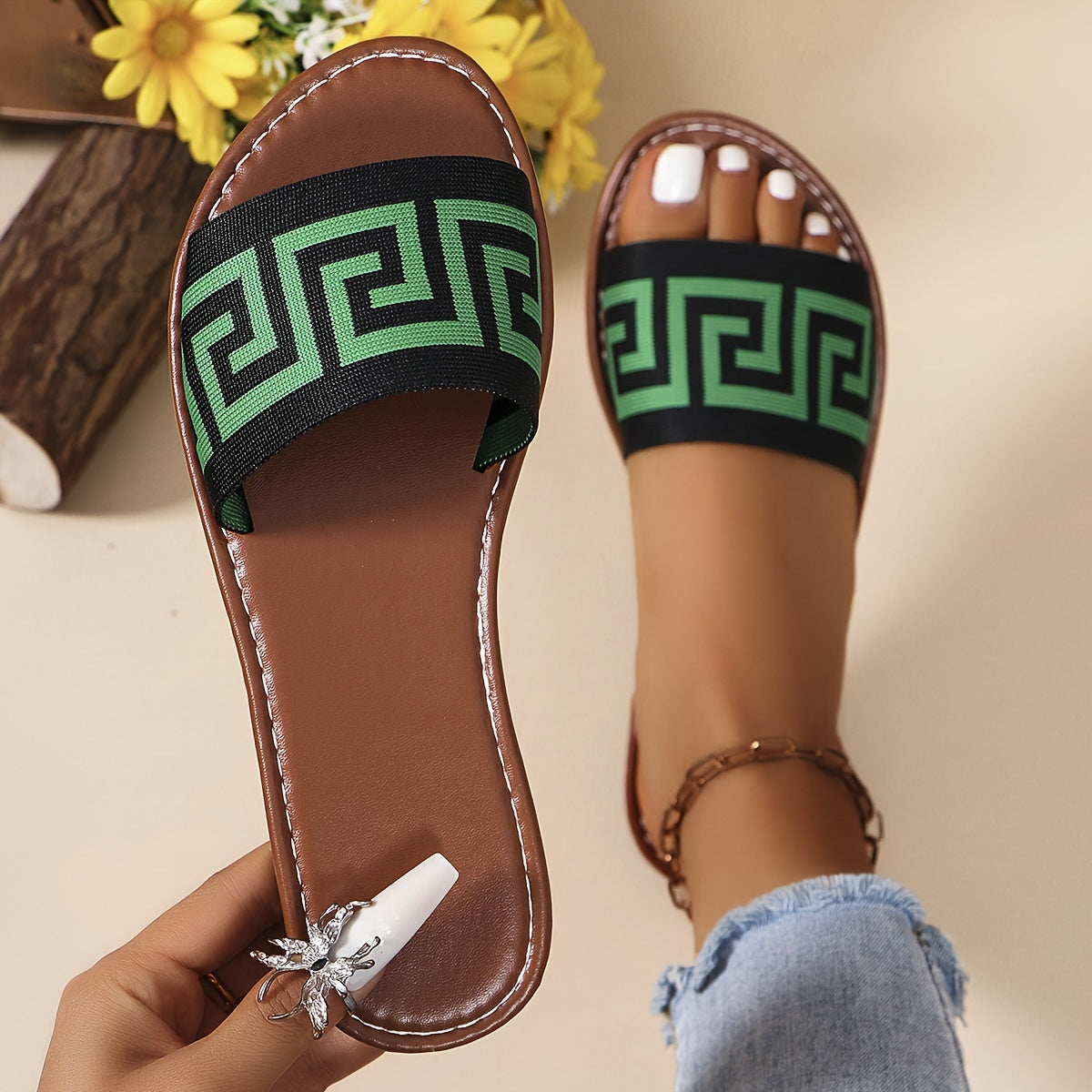 Women's Slip-On Open-Toe Sandals with Black & White Striped Pattern - Breathable Fabric Upper, Soft Synthetic Cover Insole & Non-Slip Rubber Sole - Casual Summer Beach Shoes for Women, Ladies Sandals