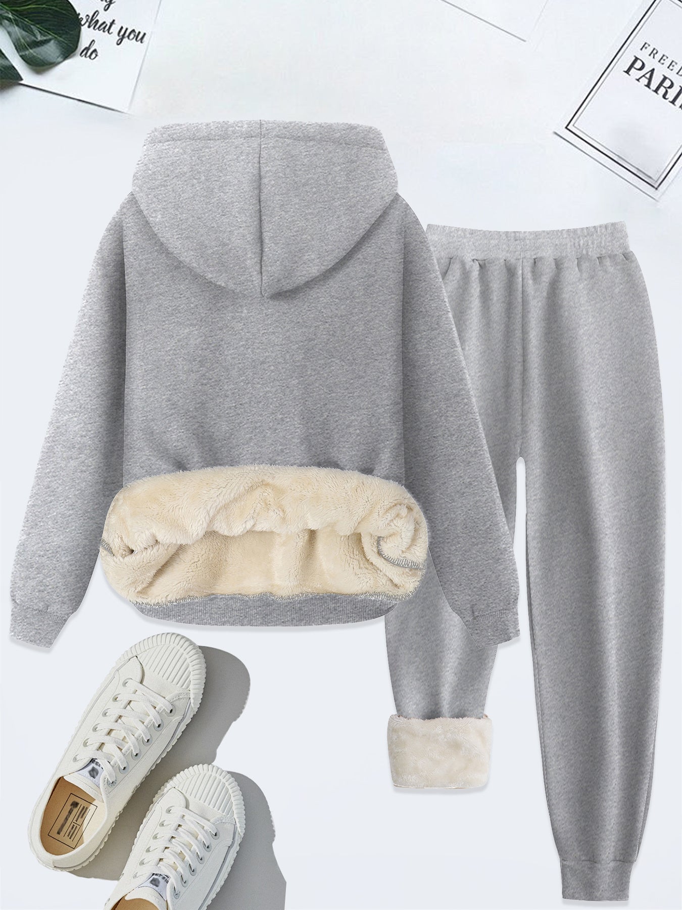 Cozy Plush Letter Print Hoodie & Pants Set for Women - Casual Knitwear, Machine Washable, Perfect for Fall/Winter