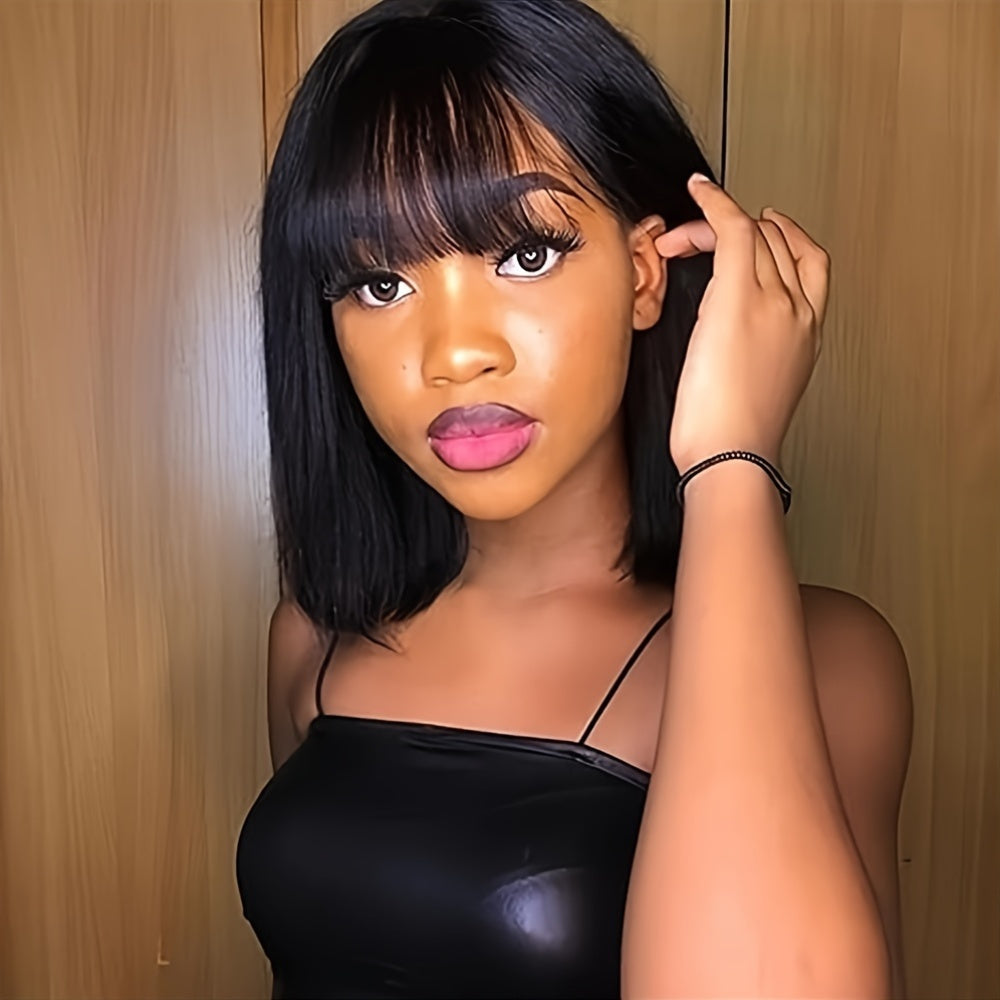 Straight Natural Scalp Raw Human Hair HD Lace Bob With Bang 180% Density Glueless HD 4x1 Lace Bob With Bang Glueless Wigs