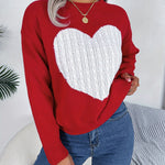 Long-Sleeved Pullover Sweater with a Sweet Heart Pattern for Autumn And Winter Casual Wear.