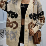 Letter Pattern Button Down Knit Cardigan, Casual Long Sleeve Loose Sweater Outwear, Women's Clothing