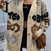 Letter Pattern Button Down Knit Cardigan, Casual Long Sleeve Loose Sweater Outwear, Women's Clothing