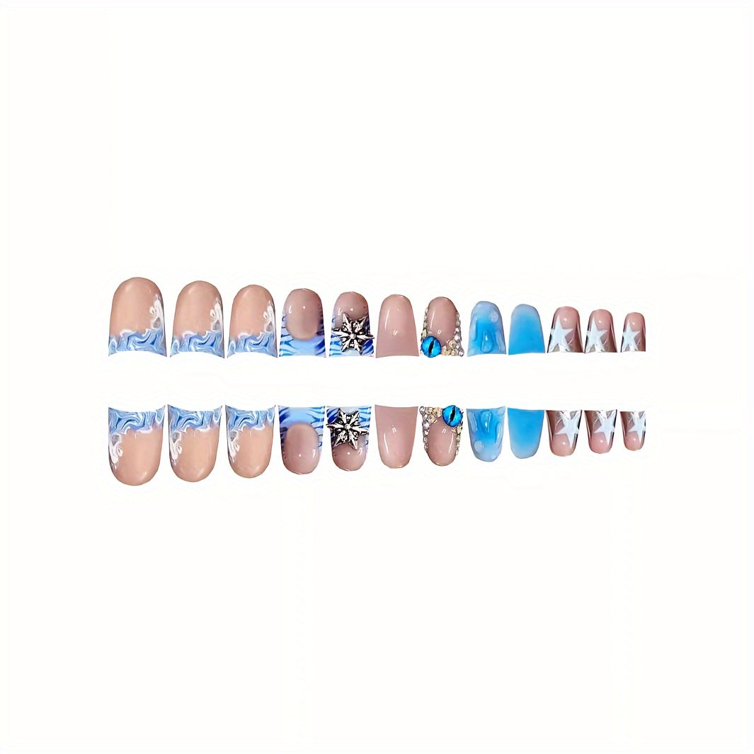 96pcs Press-On Nails Set, Blue & Pink, Duckbill Shape, Medium Length, with Jelly Glue & Nail File, Floral & Rhinestone Designs, Glossy Finish, Perfect for Girls & Women Gift