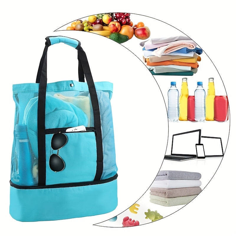 Minimalist Double Layer Beach Bag with Pouches and Storage, Lightweight Versatile Travel Bag, All-Match Outdoor Bag with Insulated Layer